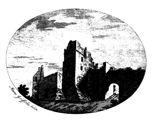 Etching of Roslin Castle, an impressive, partly ruinous old stronghold on a rock above the River Esk, long held by the Sinlcairs and near the beautiful and intricately carved Rosslyn Chapel