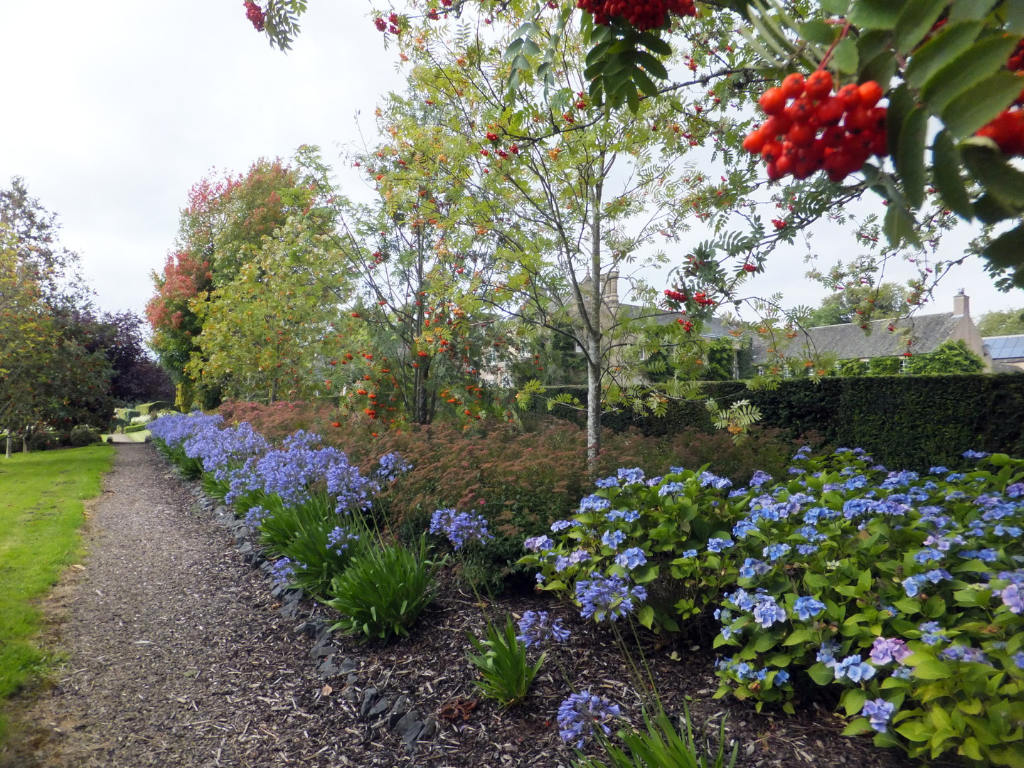 Monteviot House and Gardens, a large low house of the Kerr Earls of Lothian set in many acres of lovely gardens by the River Teviot. near Jedburgh in the Borders.