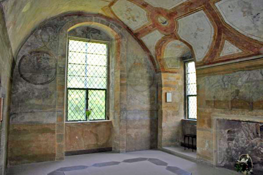Arbour Room (original painted walls and ceiling) of Kinneil House is the gutted shell of a large castle and mansion but with some exceptional original painted rooms, held by the Dukes of Hamilton and located in a park at Bo'ness in West Lothian in central