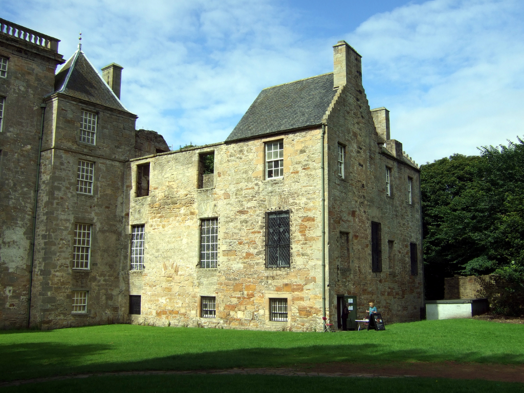 Kinneil House is the gutted shell of a large castle and mansion but with some exceptional original painted rooms, held by the Dukes of Hamilton and located in a park at Bo'ness in West Lothian in central Scotland.