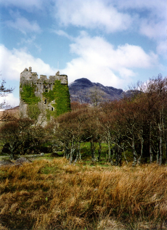 Moy Castle, a stark old ruinous tower in a fantastic scenic location by the sea, long a property of the MacLaines, at Lochbuie, on the south coast of the Hebridean island of Mull.