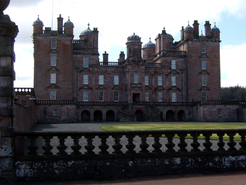 Drumlanrig Castle, a magnificent old baronial mansion in expansive lovely parkland and gardens, held by the Douglases then by the Scott Dukes of Buccleuch, near Thornhill in Dumfries and Galloway.