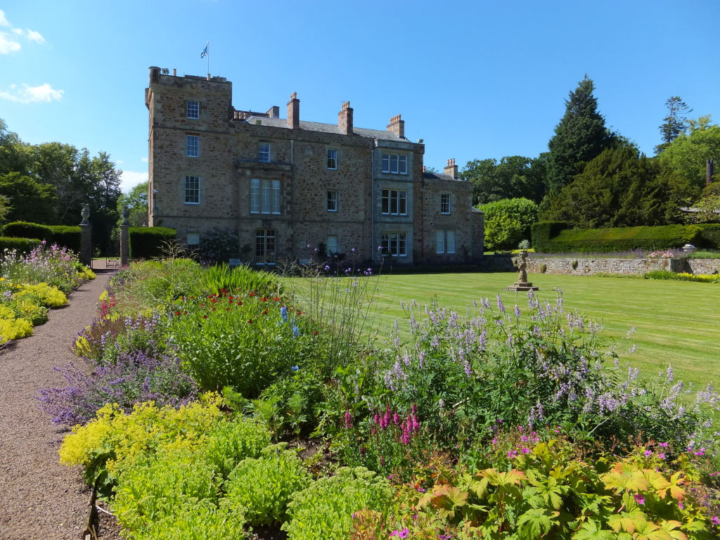 Lennoxlove House, a substantial old house incorporating a large tower with a fine interior and pretty gardens, long a property of the Mailtlands of Lethington but now home to the Duke of Hamilton, near Haddington in East Lothian in southeast Scotland.