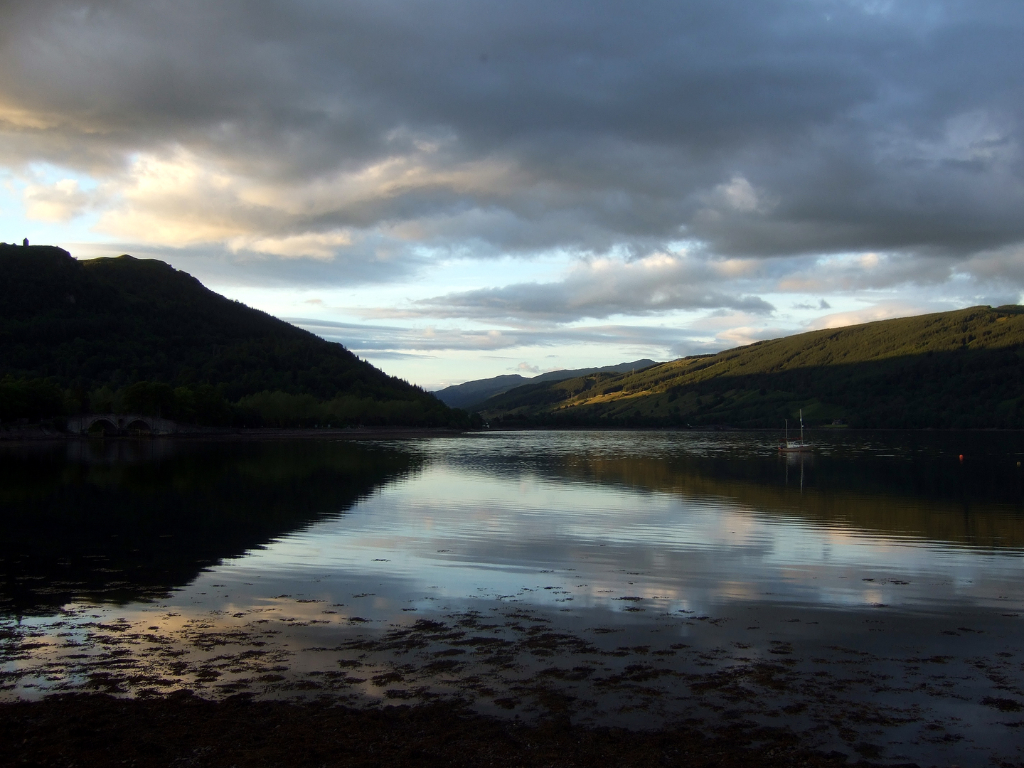 Loch Fyne from village of Inveraray, near Inverary Castle, a magnificent towered mansion, the seat of the Campbell Dukes of Argyll and located among colourful gardens in a beautiful spot by Loch Fyne near the attractive burgh of Inveraray in Arygll.