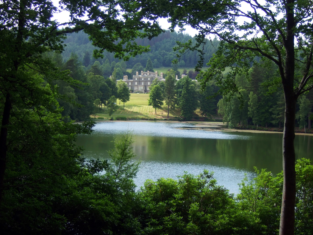 Bowhill House, a large old mansion with a fine interior in lovely gardens and landscaped grounds, held by the Scott Dukes of Buccleuch and located near Selkirk in the Borders in southern Scotland.