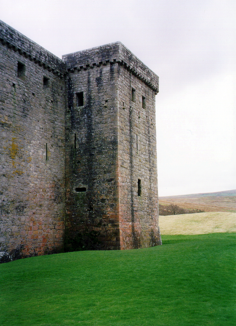 Hermitage Castle, a large, ruinous and brooding castle in a lonely and windswept spot, held by the Soulis family, the Douglases and then the Hepburns, near Newcastleon in the Borders near England.