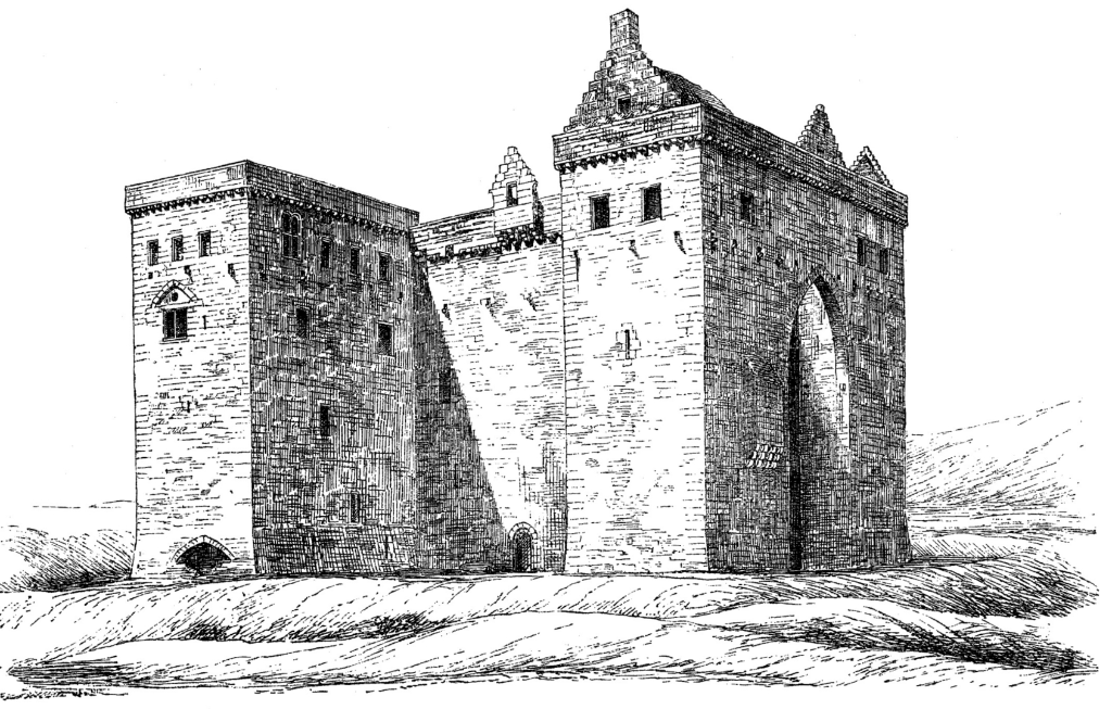 Hermitage Castle, a large, ruinous and brooding castle in a lonely and windswept spot, held by the Soulis family, the Douglases and then the Hepburns, near Newcastleon in the Borders near England.