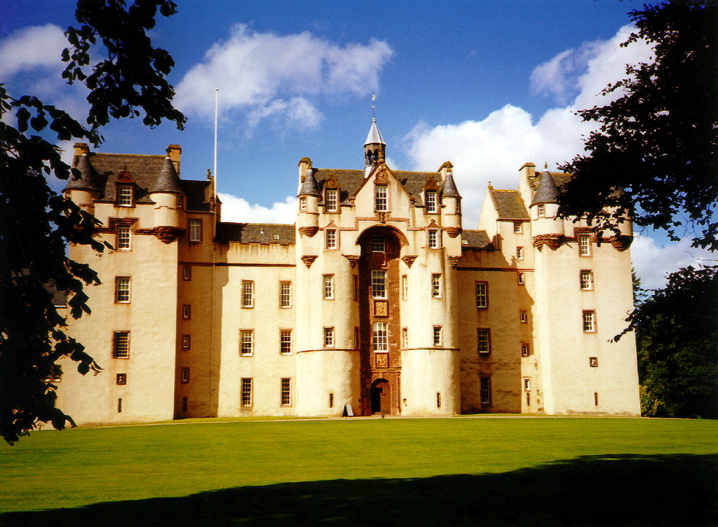 Fyvie Castle, a large and sumptuous old castle, held successively by the Lindsays, Prestons, Meldrums, Setons, Gordons and then Leiths, with an impressive interior, set in beautiful gardens and landscaped policies, near Rothirnorman in Aberdeeenshire in t