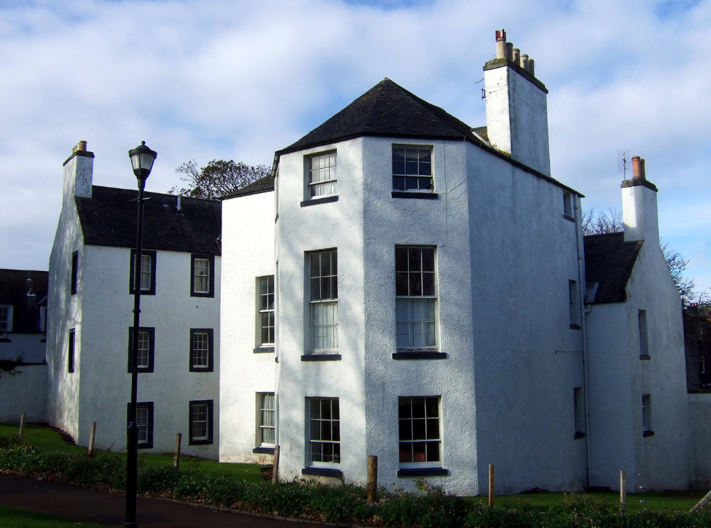 The Lodge, North Berwick, an attractive grouping of whitewashed buildings in expansive gardens and public parkland, long held by the Dalrymples and in the popular seaside town of North Berwick in East Lothian in southeast Scotland.