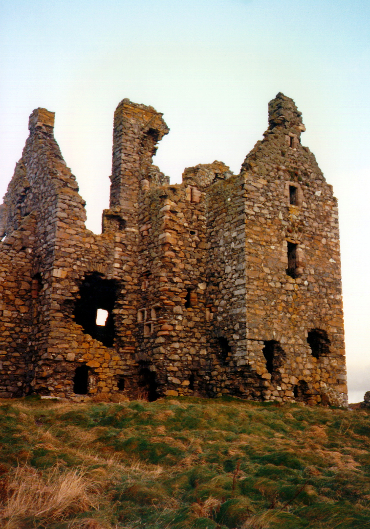 Dunskey Castle, an atmospheric, overgrown and crumbling ruin in an impressive spot on cliffs above the sea, held by the Adairs and the MacCullochs, and near Portpatrick in Galloway in the far south-west of Scotland.