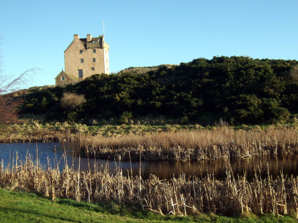 Fenton Tower, an imposing old restored tower house in a pretty spot on a hill, held by the Whitelaws, Carmichaels, Erskines and Maxwells, near Kingston and North Berwick in East Lothian in central Scotland.
