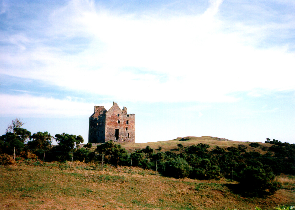 Fenton Tower, an imposing old restored tower house in a pretty spot on a hill, held by the Whitelaws, Carmichaels, Erskines and Maxwells, near Kingston and North Berwick in East Lothian in central Scotland.