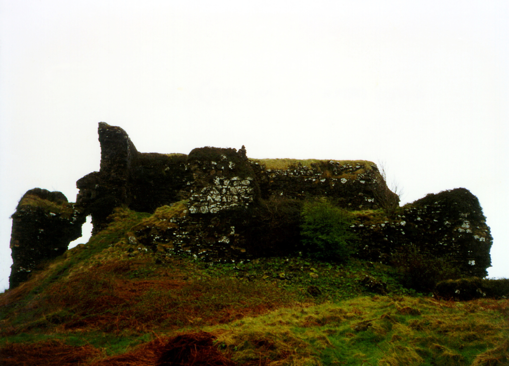 Aros Castle, a shattered and crumbling ruinous old stronghold on a promontory into the Sound of Mull, once held by the MacDonalds and then by the Macleans of Duart, at Aros on the island of Mull in the Hebrides in the western seaboard of Scotland.