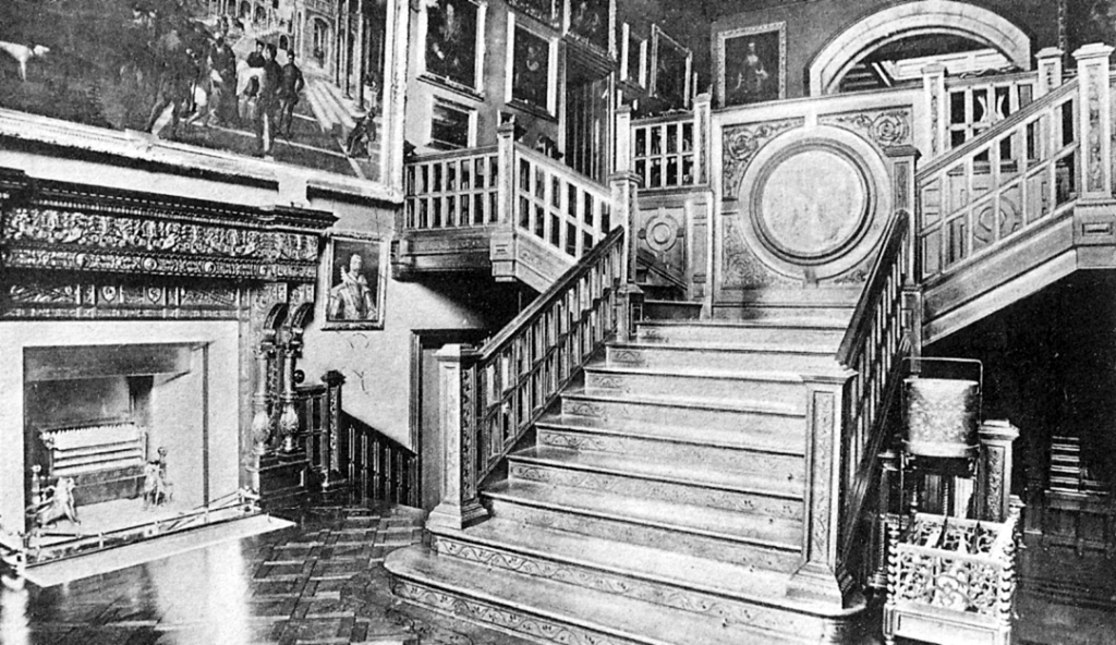 Main stair of Newbattle Abbey, a large and impressive mansion, remodelled out of part of the medieval abbey, long held by the Kerr Marquises of Lothian but now an adult education college, set in fine grounds near Dalkeith in Midlothian in central Scotland