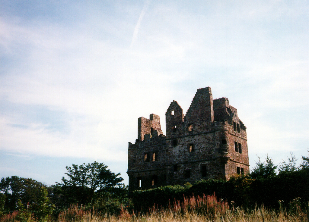 Redhouse Castle, an impressive ruinous tower house and courtyard, held by the Laings and then by the Hamiltons, near Longniddry in East Lothian .