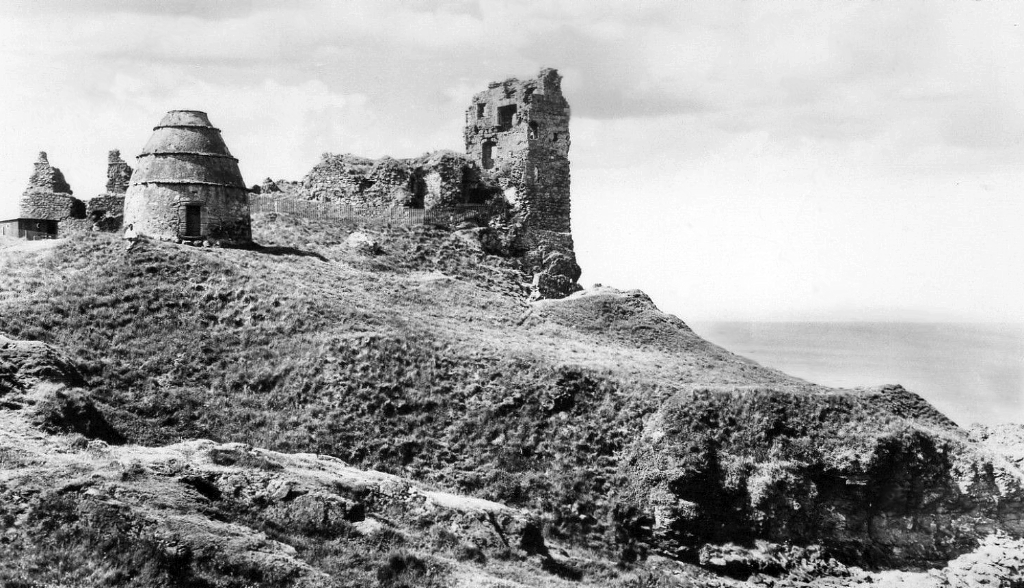 Dunure Castle, a picturesque but shattered ruinous old stronghold of the Kennedy family, in a pretty spot by the sea near Maybole in Ayrshire in southwest Scotland.