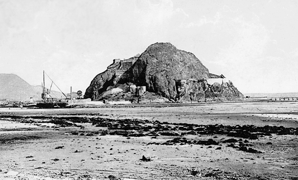 Dumbarton Castle was an important medieval stronghold, but was remodelled for artillery in the 18th and 19th century, although it remains a prominent landmark on Dumbarton Rock, by the River Clyde.