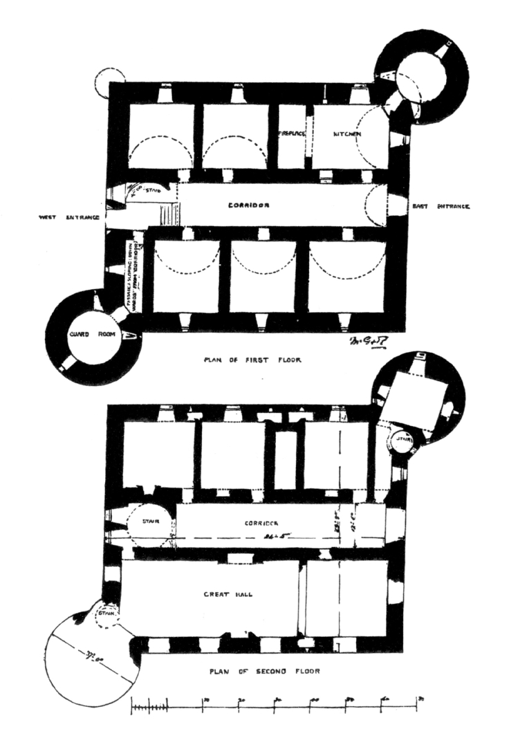 Plans of Drochil Castle, a large and sophisticated but overgrown and ruinous old tower house, built by James Douglas, Earl of Morton as his home although he was soon executed, and standing in woods near Peebles in the Borders in southern Scotland.