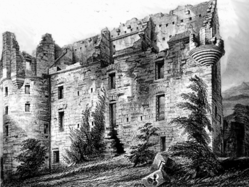 Drochil Castle, a large and sophisticated but overgrown and ruinous old tower house, built by James Douglas, Earl of Morton as his home although he was soon executed, and standing in woods near Peebles in the Borders in southern Scotland.