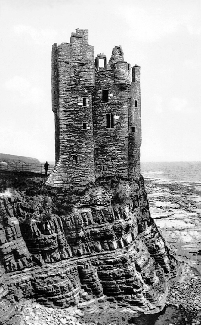 Keiss Castle, an very impressive but crumbling old tower house perched on cliffs above the sea, built by the Sinclairs and some miles from Wick in Caithness in the far north of Scotland.