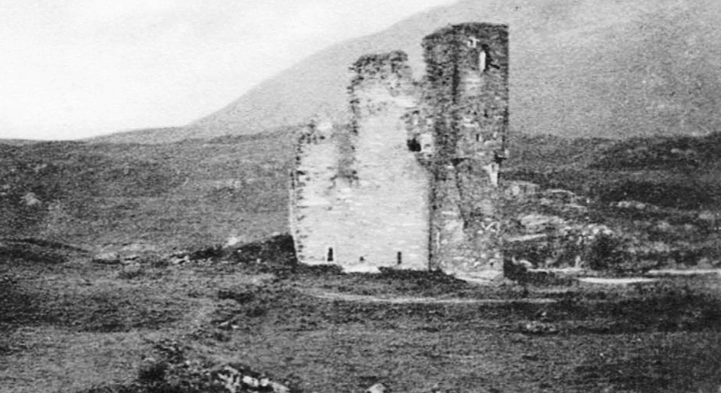 Ardvreck Castle, a ruinous old stronghold of the MacLeods of Assynt, in a beautiful spot on the banks of Loch Assynt with the ruin of Calda House, a later house of the Mackenzies, nearby, near Inchnadamph, in Sutherland in the north of Scotland.