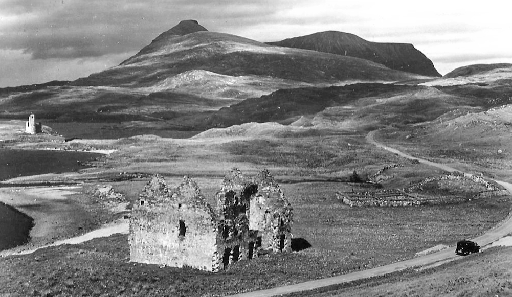 Calda House, Ardvreck Castle, a ruinous old stronghold of the MacLeods of Assynt, in a beautiful spot on the banks of Loch Assynt with the ruin of Calda House, a later house of the Mackenzies, nearby, near Inchnadamph, in Sutherland in the north of Scotla