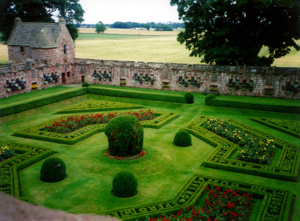 Walled garden, Edzell Castle, a substantial ruinous old stronghold of the Lindsay family with a fabulous walled garden, in a pretty peaceful spot neat the village of Edzell north of Brechin in Angus in Scotland.