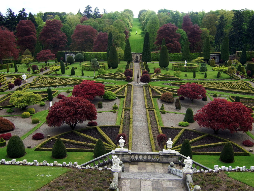 The beautiful gardens of Drummond Castle , an impressive old castle and later mansion with spectacular formal gardens, long held by the Drummond family and near Muthil in Perthshire.
