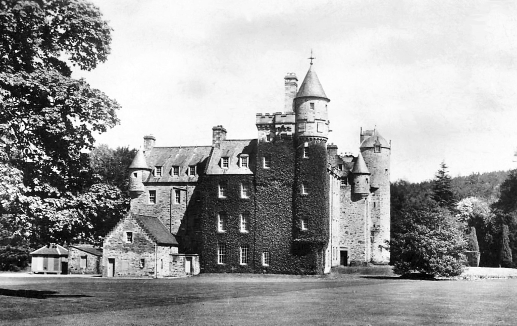 Grantully Castle, an impressive and well=preserved old castle of the Stewart family in a beautiful spot near Aberfeldy in Perthshire in the Highlands of Scotland.