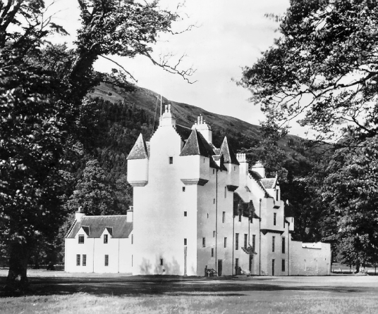 Meggernie Castle is a fine castle in a pretty mountainous spot in Glen Lyon, once held by the Menzies family and then the Stewarts, with an intriguing ghost story, located near Killin in Highland Perthshire in Scotland.