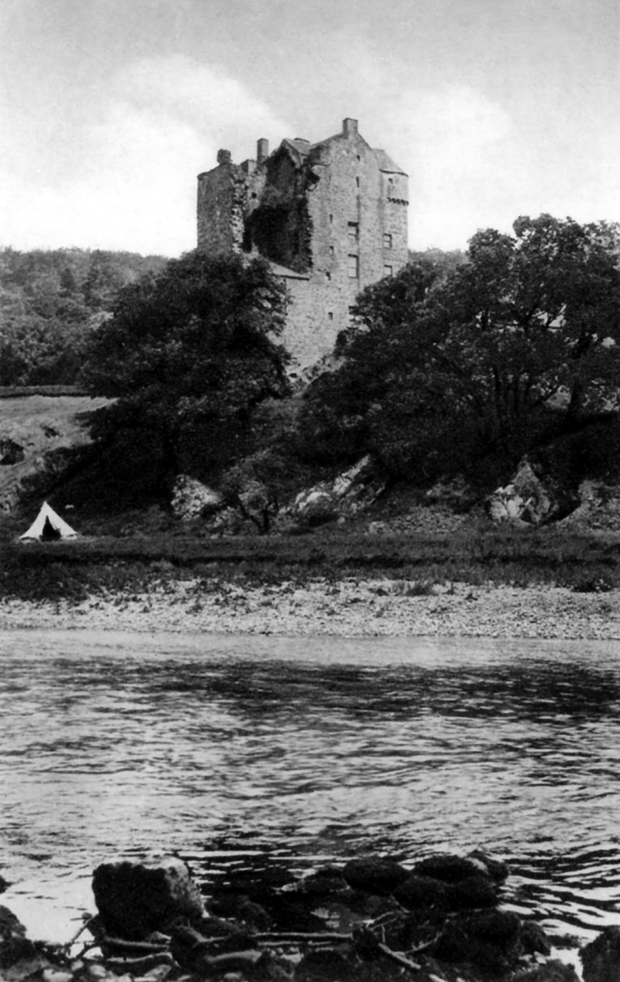 View of Neidpath Castle, a fine old tower and castle above the River Tweed, near Peebles