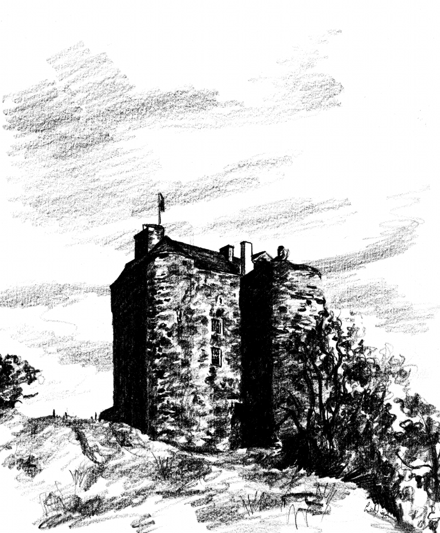 Drawing of Neidpath Castle, a fine old tower and castle above the River Tweed, near Peebles