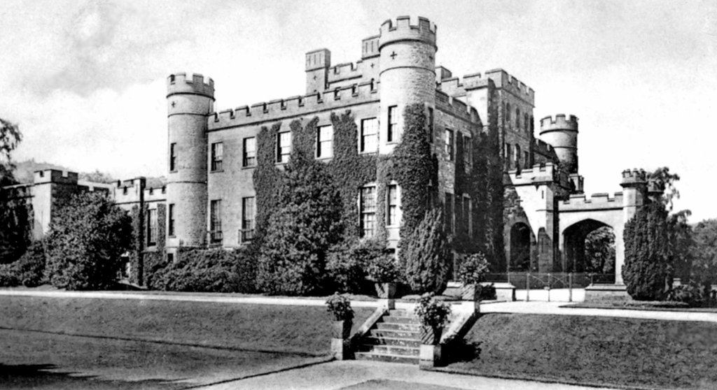 Stobo Castle, an impressive castellated mansion in fine gardens and grounds, held by the Murrays and then the Montgomerys and now a used as a hotel and spa, near Drumelzier and some miles from Peebles in the Borders in southern Scotland.