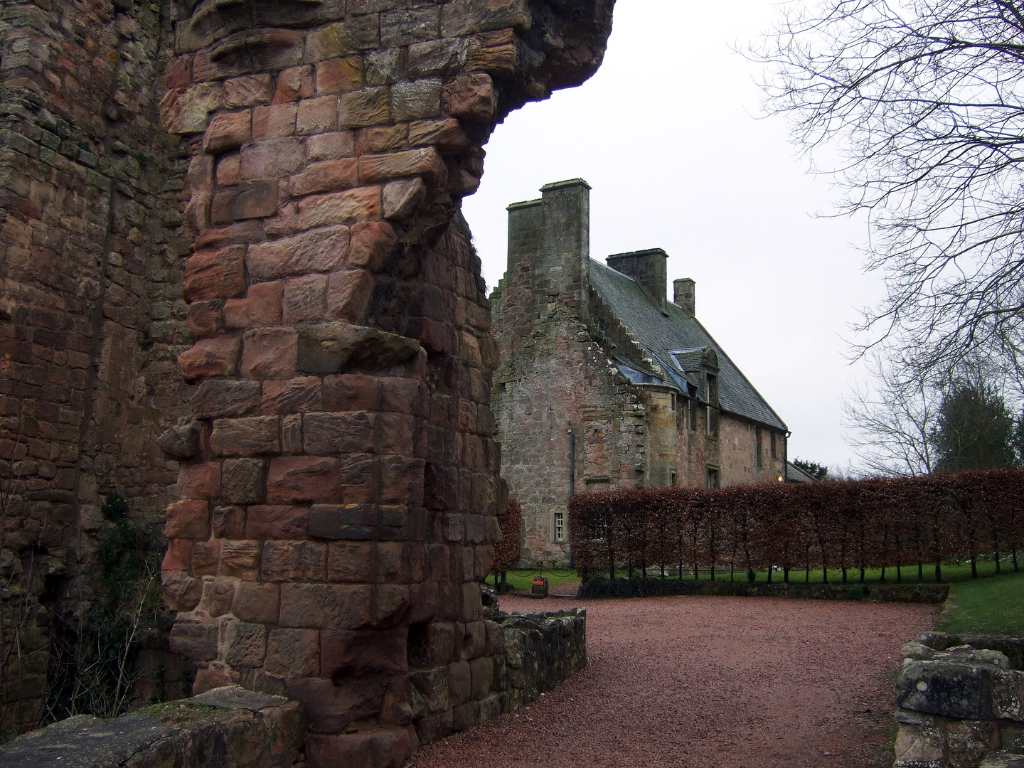 Roslin Castle, an impressive, partly ruinous old stronghold on a rock above the River Esk, long held by the Sinlcairs and near the beautiful and intricately carved Rosslyn Chapel