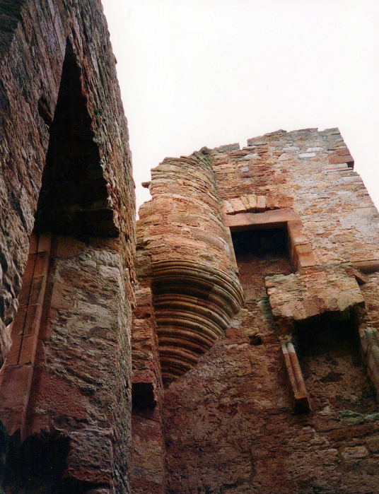 Turret in courtyard of Crichton Castle, a fabulous ruined medieval castle in a pretty spot above the River Tyne, held by the Crichtons, Hepburn and Stewart Earls of Bothwell, near to Pathhead and Edinburgh