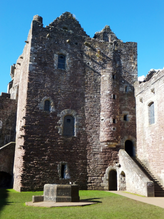 View of kitchen tower of Doune Castle, a magnificent medieval castle in a pretty spot by the River Teith, built by Robert Stewart, Duke of Albany, near Doune in Stirlingshire.