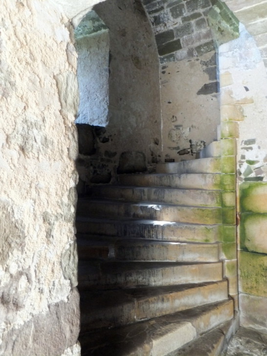 View a stair of Elcho Castle, a well-preserved large castle in a pretty spot, the hall is a particularly fine chamber, long held by the Wemyss family, near Bridge of Earn and Perth.