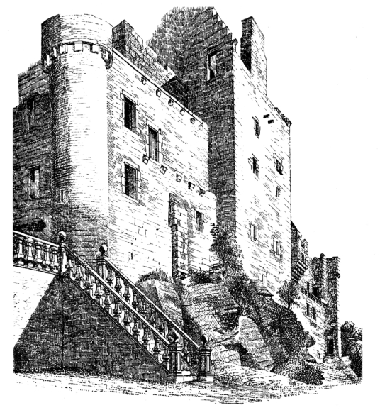 Craigmillar Castle, a grand but ruinous castle with a large tower and two courtyards, held by the Prestons and the Gilmours, and associated with Mary Queen of Scots, in the Craigmillar area of Edinburgh.