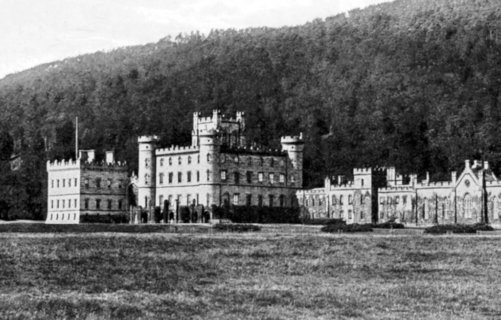 Taymouth Castle, an impressive baronial mansion on the site of an old castle of the Campbells of Breadalbane, in a picturesque spot near Aberfeldy in Perthshire.