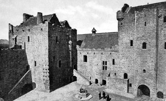 View of the courtyard of Doune Castle, a magnificent medieval castle in a pretty spot by the River Teith, built by Robert Stewart, Duke of Albany, near Doune in Stirlingshire.