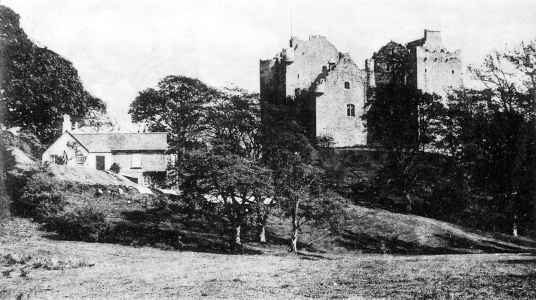 View of Doune Castle, a magnificent medieval castle in a pretty spot by the River Teith, built by Robert Stewart, Duke of Albany, near Doune in Stirlingshire.