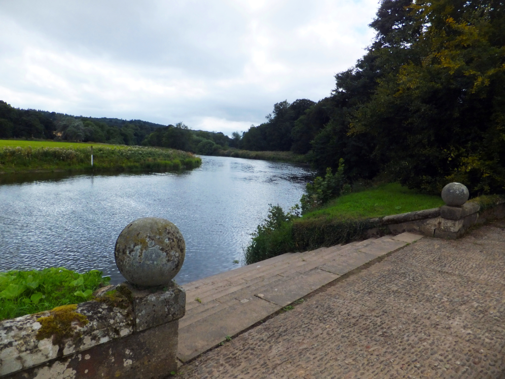 River Teviot, Monteviot House and Gardens, a large low house of the Kerr Earls of Lothian set in many acres of lovely gardens by the River Teviot. near Jedburgh in the Borders.