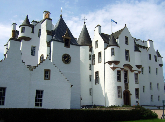 Blair Castle, the magnificent castle with a sumptuous interior of the Murray Dukes of Atholl, set in lovely gardens and grounds in a mountainous location, at Blair Atholl near Pitlochry in Perthshire.