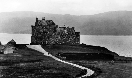 Duart Castle, an impressive and picturesque old stronghold perched on a rock by the sea, long home to the Macleans and near Craignure on the island of Mull in western Scotland.