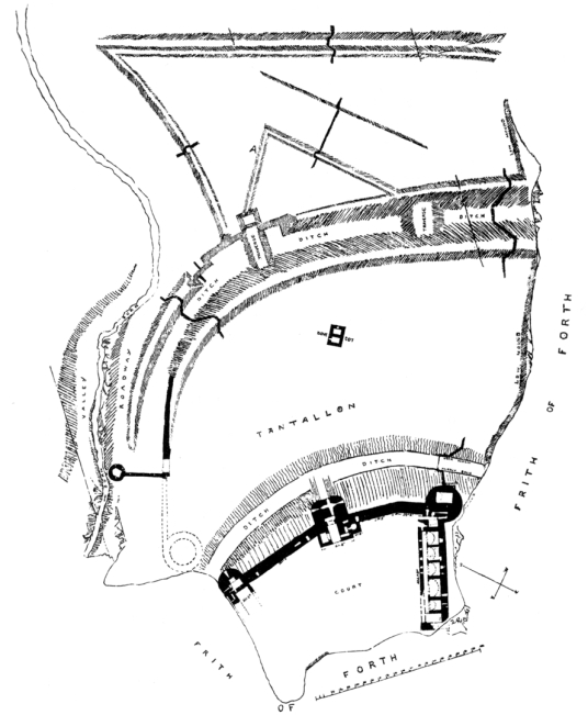 Plan of Tantallon Castle, a spectacular ruinous castle of the Douglas Earls of Angus, located in a pretty cliff top location near the East Lothian seaside town of North Berwick.