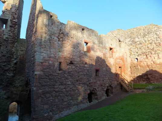 Hailes Castle is a picturesque and substantial ruinous old fortress, perched on a rocky crag above the River Tyne near East Linton in East Lothian, long held by the Hepburn family and associated with Mary Queen of Scots.