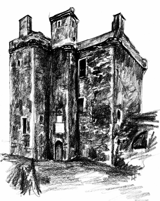 Balvaird Castle, a large and impressive old tower house with ruinous outbuildings of the Murrays, in a very imposing and beautiful position in Glen Farg, some miles from Bridge of Earn in Perthshire.