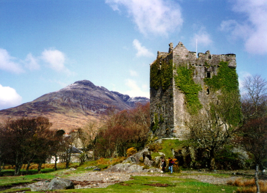 Moy Castle, a stark old ruinous tower in a fantastic scenic location by the sea, long a property of the MacLaines, at Lochbuie, on the south coast of the Hebridean island of Mull.