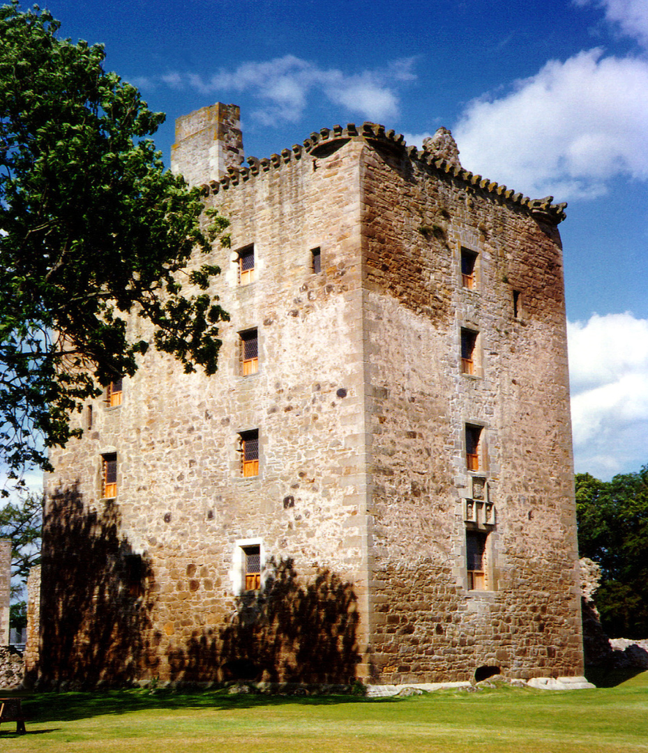 Spynie Palace, a castle despite its name, has one of the most impressive towers in Scotland, and was held by the Bishops of Moray who had their cathedral at Elgin in Moray in northeast Scotland.