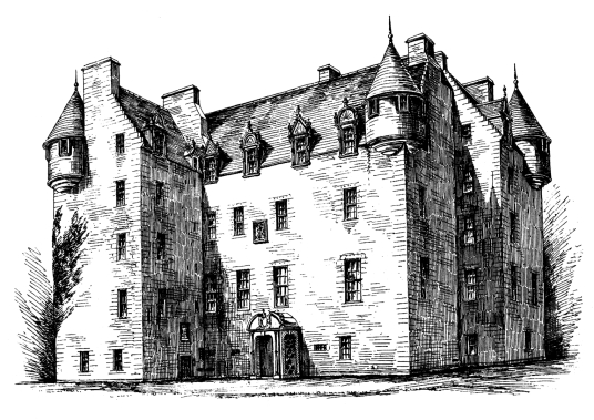 Castle Menzies, a large and imposing old tower house in a picturesque mountainous location, long held by the Menzies clan and with many period rooms to explore, near Aberfeldy in Perthshire in the Highlands of Scotland.